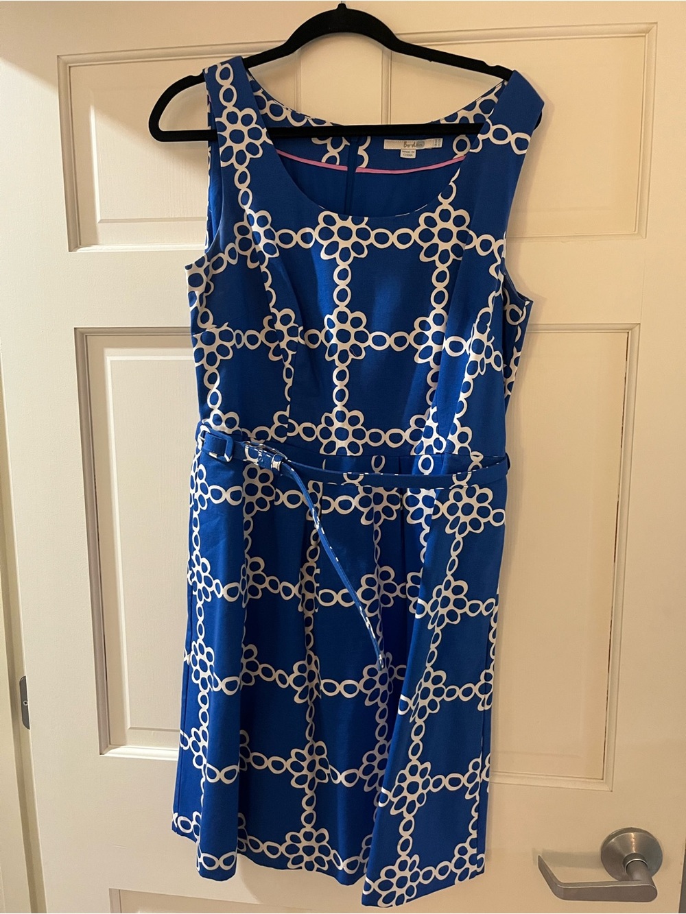 Boden Sleeveless Blue Geometric Belted Dress